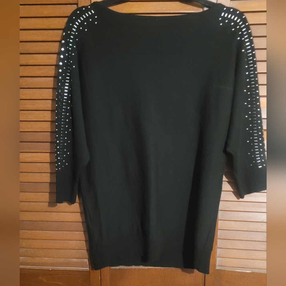 7th Avenue Women's Black Sweater W/ Rhinestone 3/4 Length Sleeves Relax Fit Sz M - Picture 6 of 13